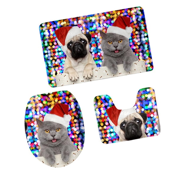 Juego de 3 piezas: Funda para asiento de inodoro + Alfombrilla de baño + Alfombra para pedestal. Ideal para Navidad, hogar o fiestas. K