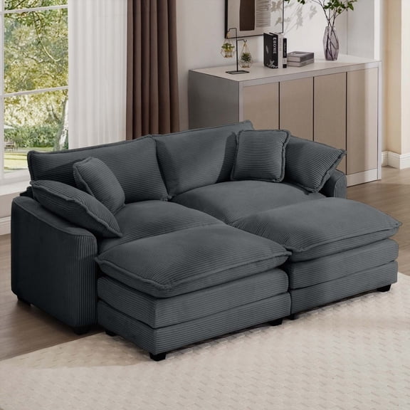 Modern Gray Corduroy Two-Seater Sofa 80cm with Ottoman for Small Spaces