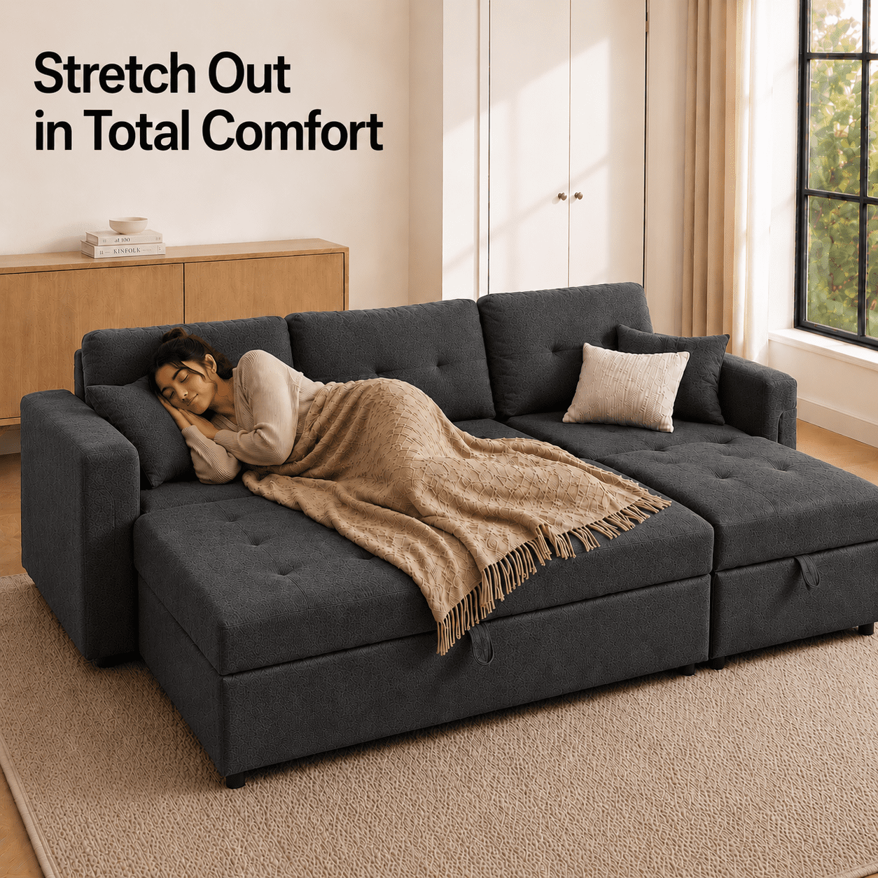 Naomi Home Living Room Collection L Shaped Velvet Convertible Sleeper and Storage Chaise Sectional Sofa with Sofa and Chaise, Dark Gray