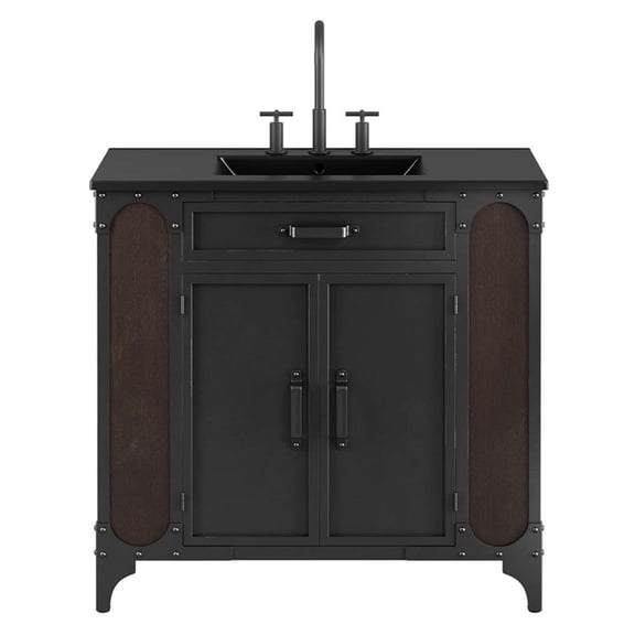 Pemberly Row 36" Wood Bathroom Vanity with Fixed Drawer in Black