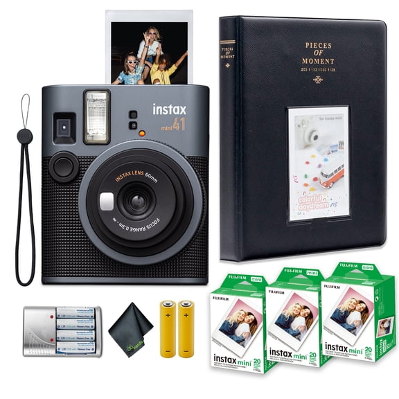 FujiFilm Instax Mini 41 Instant Film Camera Bundle With 3x Fuji Instax-Instant-mini Film Value Pack (60 Sheets)   4x Rechargeable AA Batteries With Charger   Photo Album – 64 Pockets   More