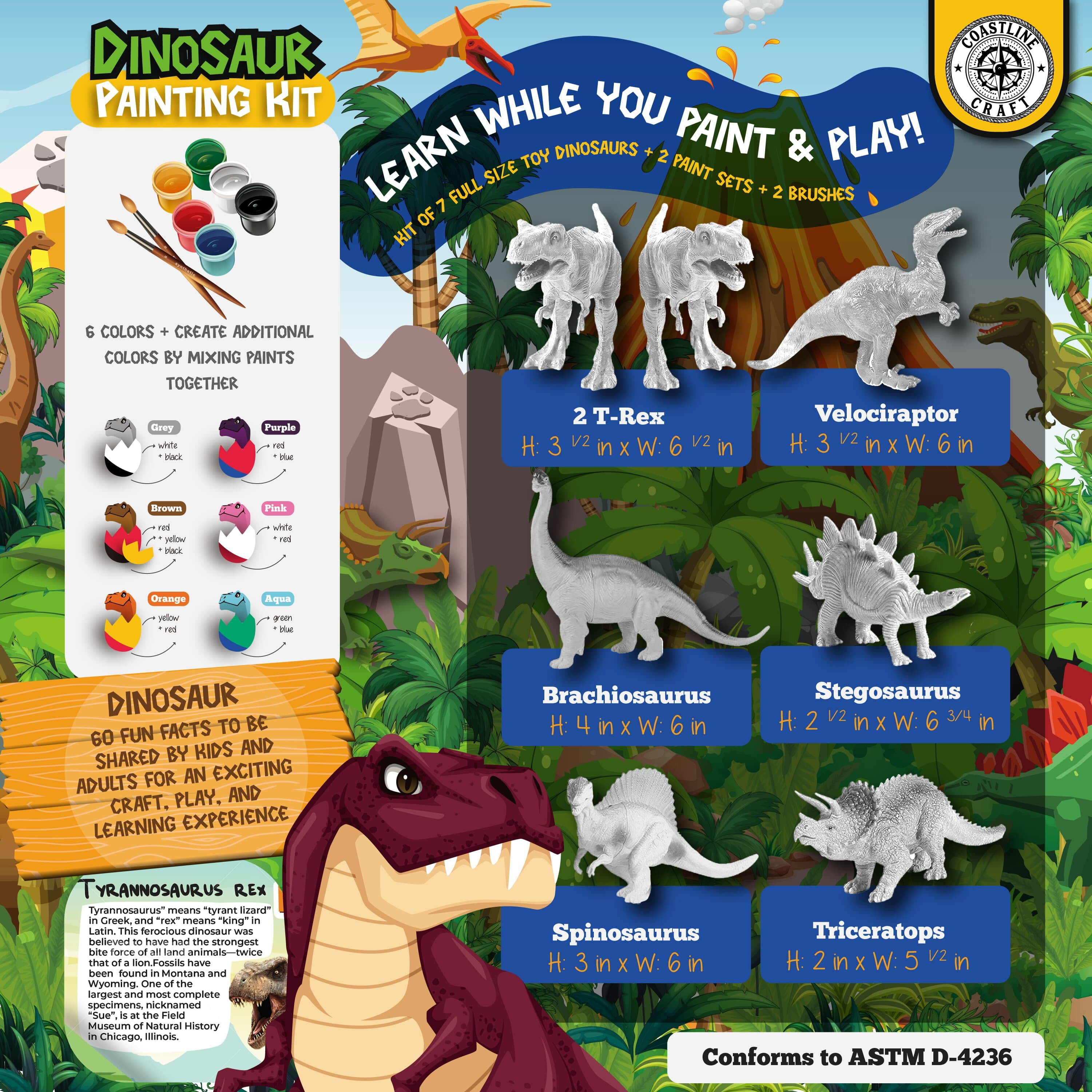 Coastline Craft Dinosaur Painting Kit - Paint Your Own Dinosaur Toys, Educational Arts & Crafts for Kids 2-6