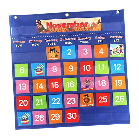 TISHITA Calendar Pocket Chart Classroom Pocket Chart Teachers Numbered Closet over Door Hanging Storage Bag School Pocket Calendar , blue