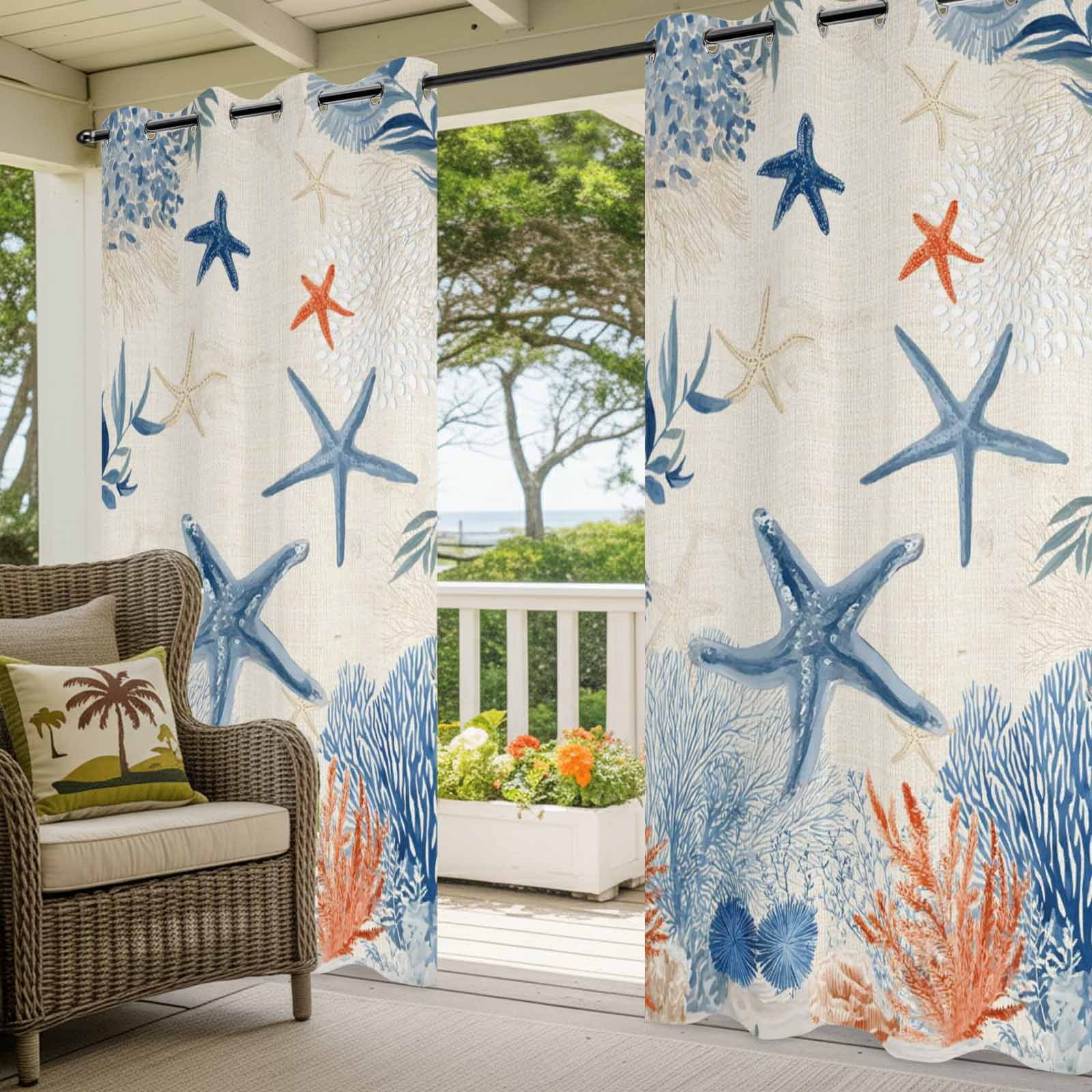 Summer Ocean Outdoor Curtains for Patio, Vintage Nautical Sea Orange Blue Starfish Corals Seashell Sunshade Privacy Drapes Grommet Waterproof Outside Curtains for Porch Balcony 54"x108", 1 Panel