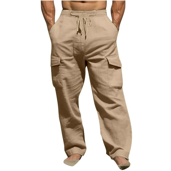 CLOISE Cargo Pants for Men with Pockets Big and Tall Trousers Drawstring Baggy Solid Bottoms Casual Clothes