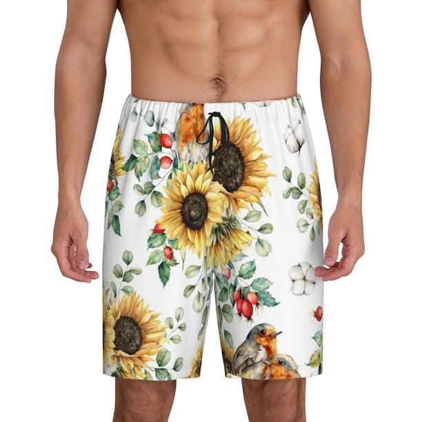 Balery Sunflowers Leaves And Birds Pantalones cortos de pijama de punto de algodón para hombre con cinturilla y bolsillos-Large
