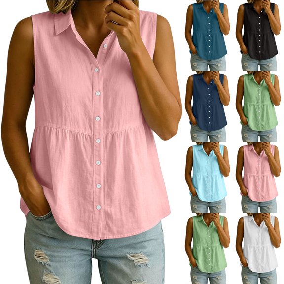 Otntypg Womens Sleeveless Button Down Shirts Lightweight Soft Cotton Linen Work Peplum Blouses Solid Color V Neck Casual Beach Vacation Collared Tank Tops