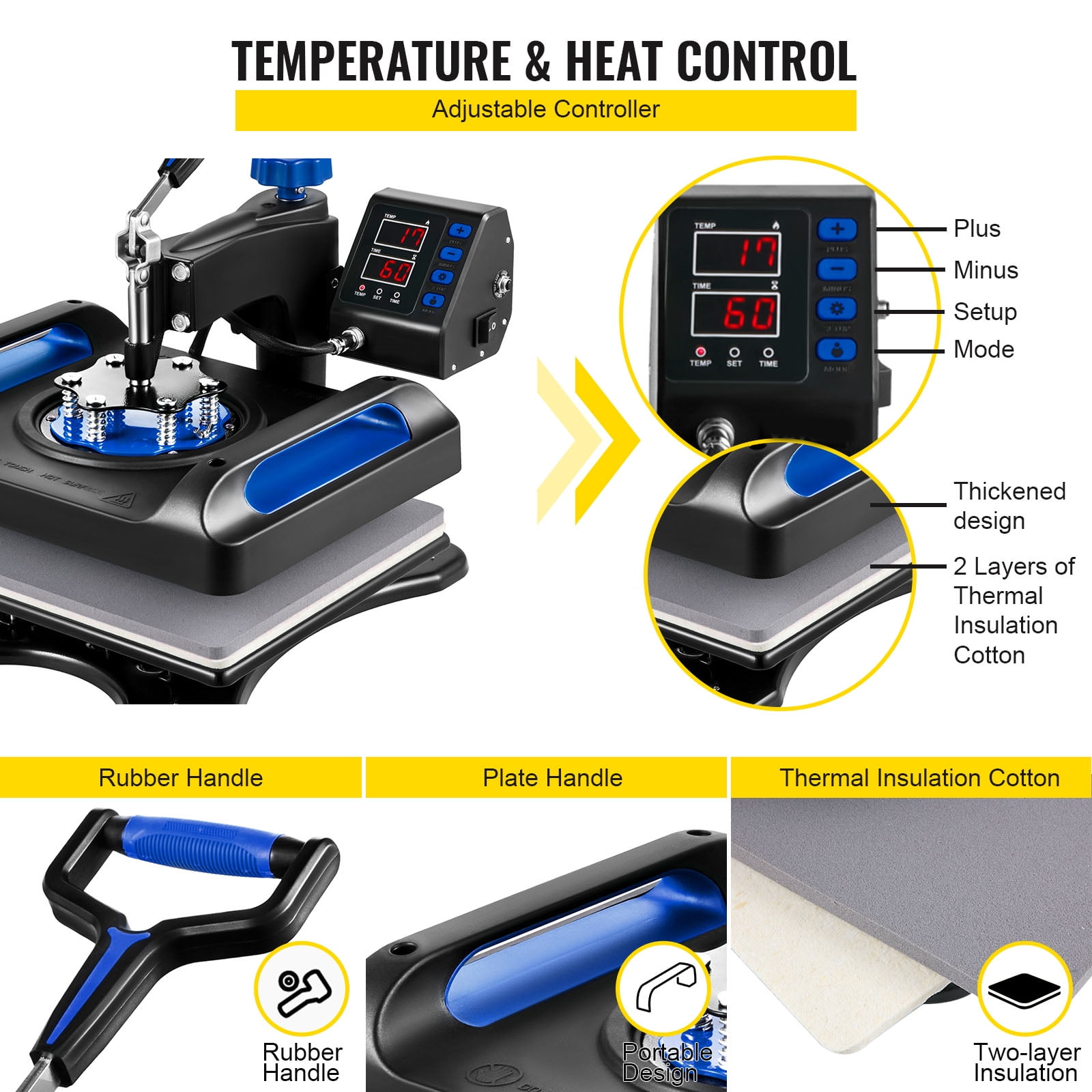 BENTISM Heat Press Machine 8 in 1,12" x 15" Dual-Tube Heating Press Sublimation Machine 360° Rotation Swing Away T-Shirt Printing Machine Dual-Tube Heating for DIY T-Shirts Cap & Mugs Blue