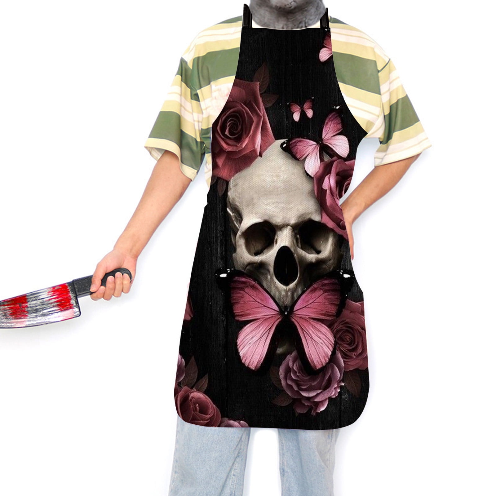 Halloween Apron For Men And Women, Premium Skull Rose Pattern Gothic Holiday Decorative Apron for Kitchen, Dining Room, Cooking