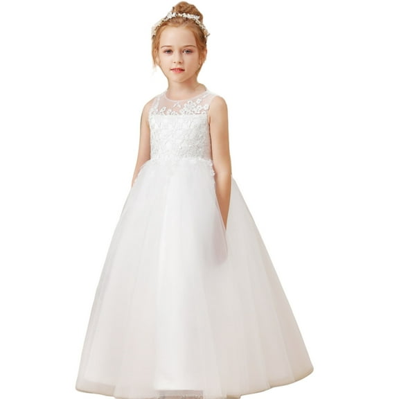 Floor length Flower Girl Dress with Detachable Beaded Waistband Scoop Neck Tulle Lace Princess Pageant Dress Birthday Party Dress for Girls Elegant Floral Design Special Occasion 2 -3Years