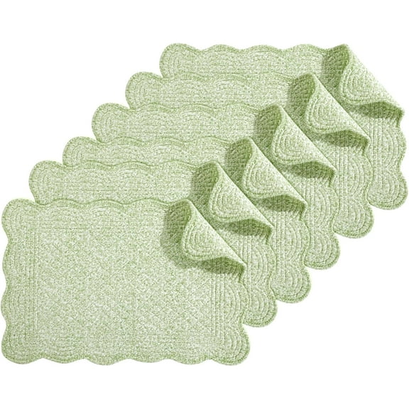 EnjinZZ Quilted Placemats Set of 6 Washable-13x18 inches Rectangular Placemats for Kitchen Table-100% Cotton Fabric Rectangular Table Mats, (White with Light Green)