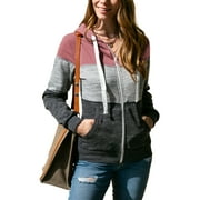URBANCREWS Womens long sleeve 3 color block lightweight zip-up hooded jacket with 2 side pockets