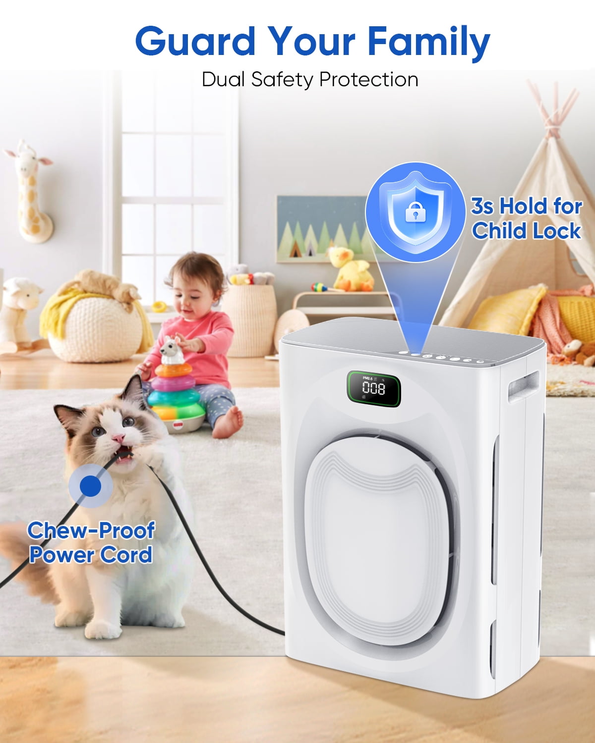 KEN BROWN Pet Air Purifiers for Home - 2500 ft² Large Coverage for Pet Families H13 HEPA Washable Filters, Smart WiFi-Perfect Christmas Gift for Pet Owners