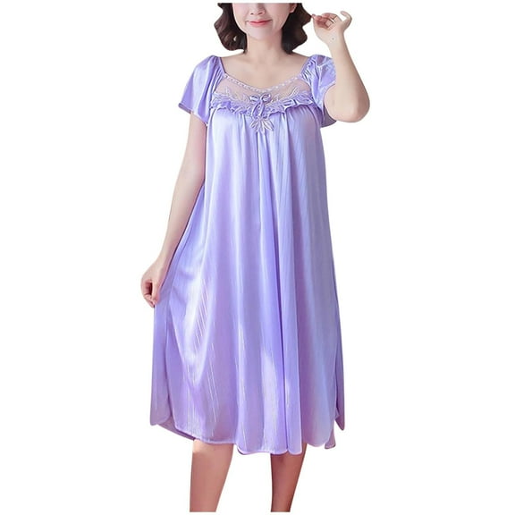 Ladies Pajamas New Women's Vintage Nightgowns Short Sleeve Nightdress Satin Silk Sleepwear Comfort Loungewear Nighties Purple One Size