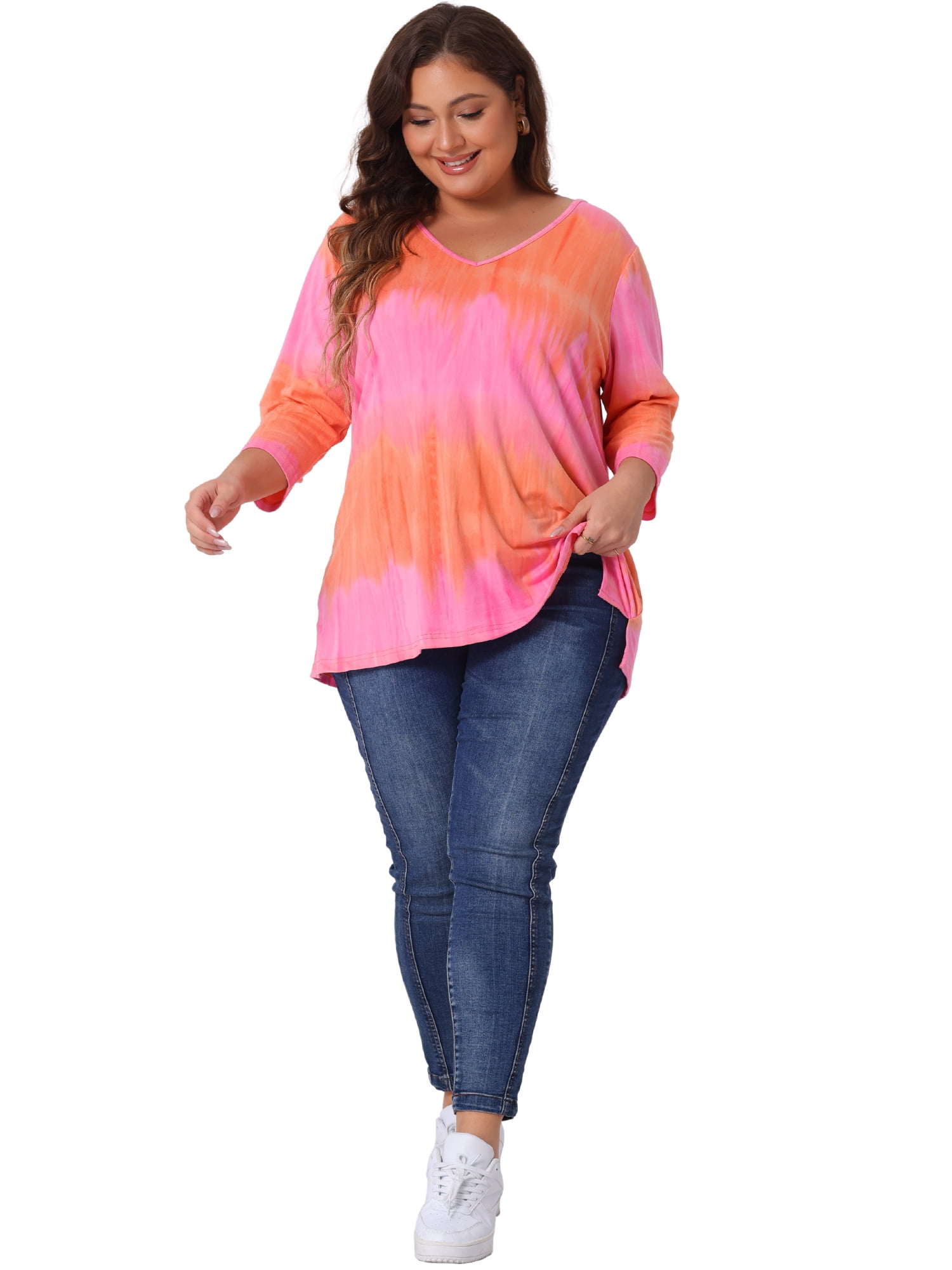 Unique Bargains Women's Plus Size V Neck 3/4 Sleeve Striped Tie Dye Blouse 3X Pink