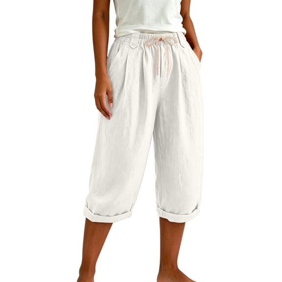 SBYOJLPB Women's Capris Pants Solid Color Casual Capris Trousers with Pockets and Drawstring