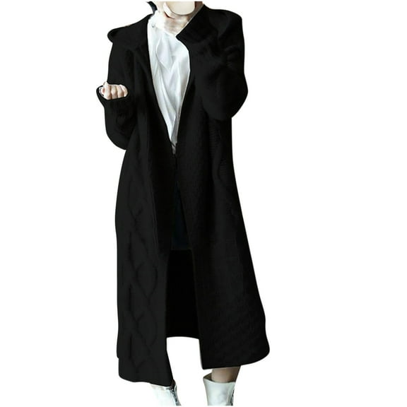 Tawop Woman's Cardigans Autumn Solid Colour Long Sleeve Sweater Long Length Loose Hooded Cardigan Twisted Chunky Sweater Black Free Size