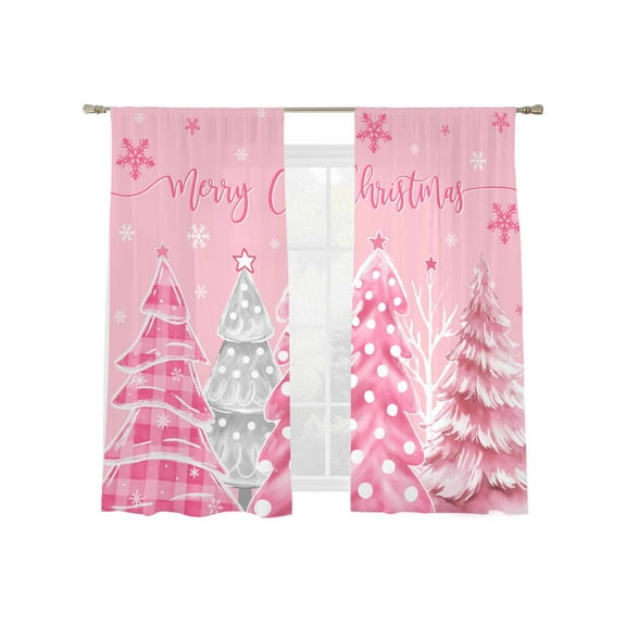 Christmas Sheer Curtains 2 Panels Set, Pink Christmas Tree Xmas Snowflakes Winter Window Sheer Curtains for Living Room/Bedroom, Light Filtering Rod Pocket Voile Drapes, 52" W x 72" L