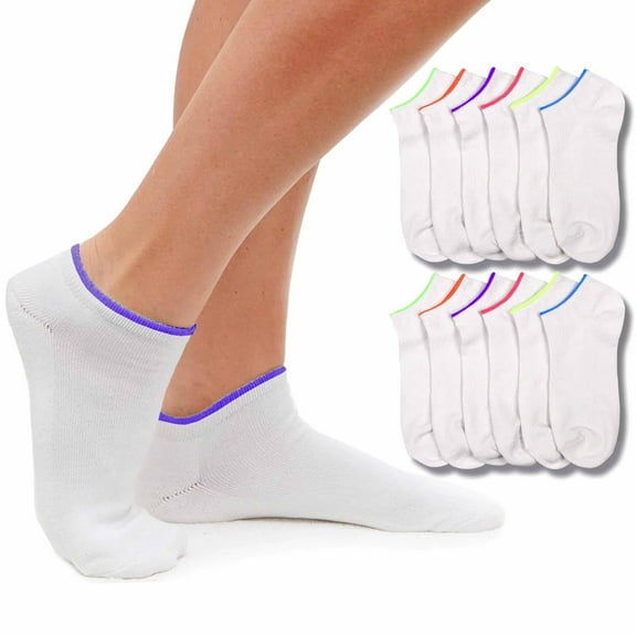 12 Pair Womens White Neon Ankle Socks Sports Low Cut Girls Running Casual 9-11