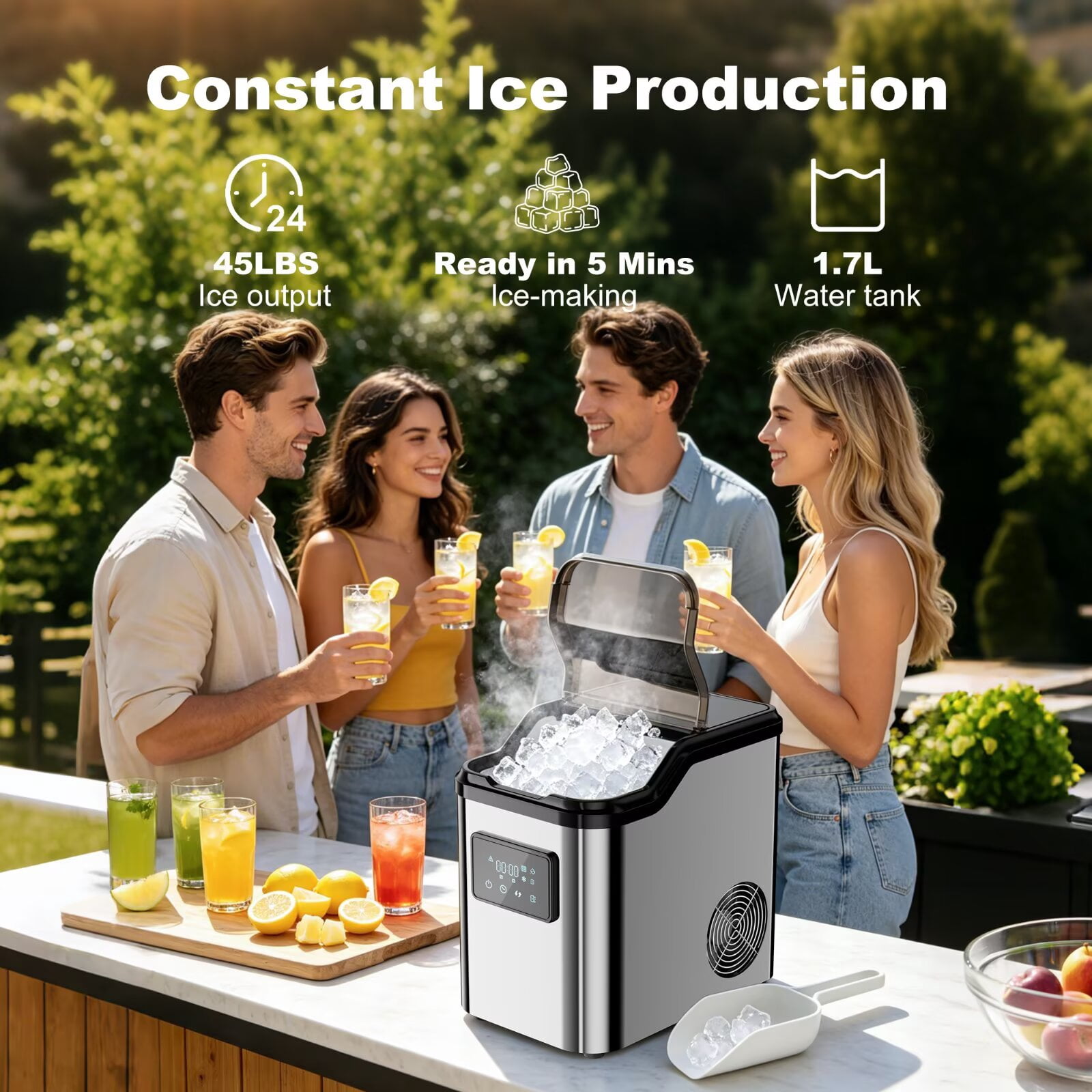Nugget Ice Makers Countertop, 45lbs/Day Portable Pebble Ice Machine with Crushed Ice, Self-Cleaning, Pellet Ice Makers with Chewable Sonic Ice for Home, Kitchen, Camping, RV, Office