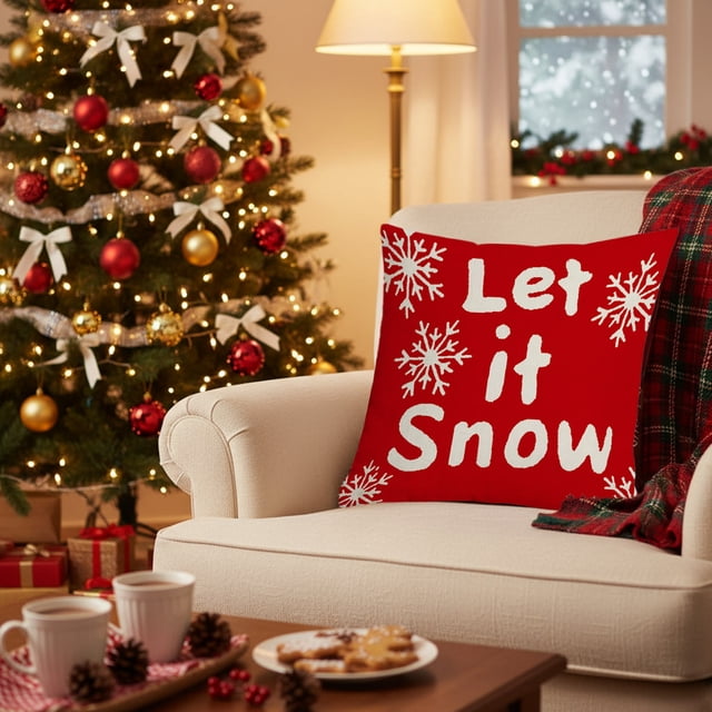xihome Funda de cojn navideña de lino de 45x45 cm con estampado de copos de nieve y adornos. Ideal para sof, sala de estar o cama. Diseño festivo en rojo y blanco.