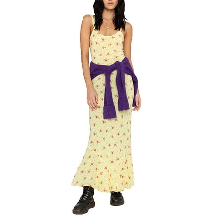 

Franhais Women Summer Sleeveless Dress Adults Sexy Floral Print U-shaped Neck One-piece (Yellow Black)