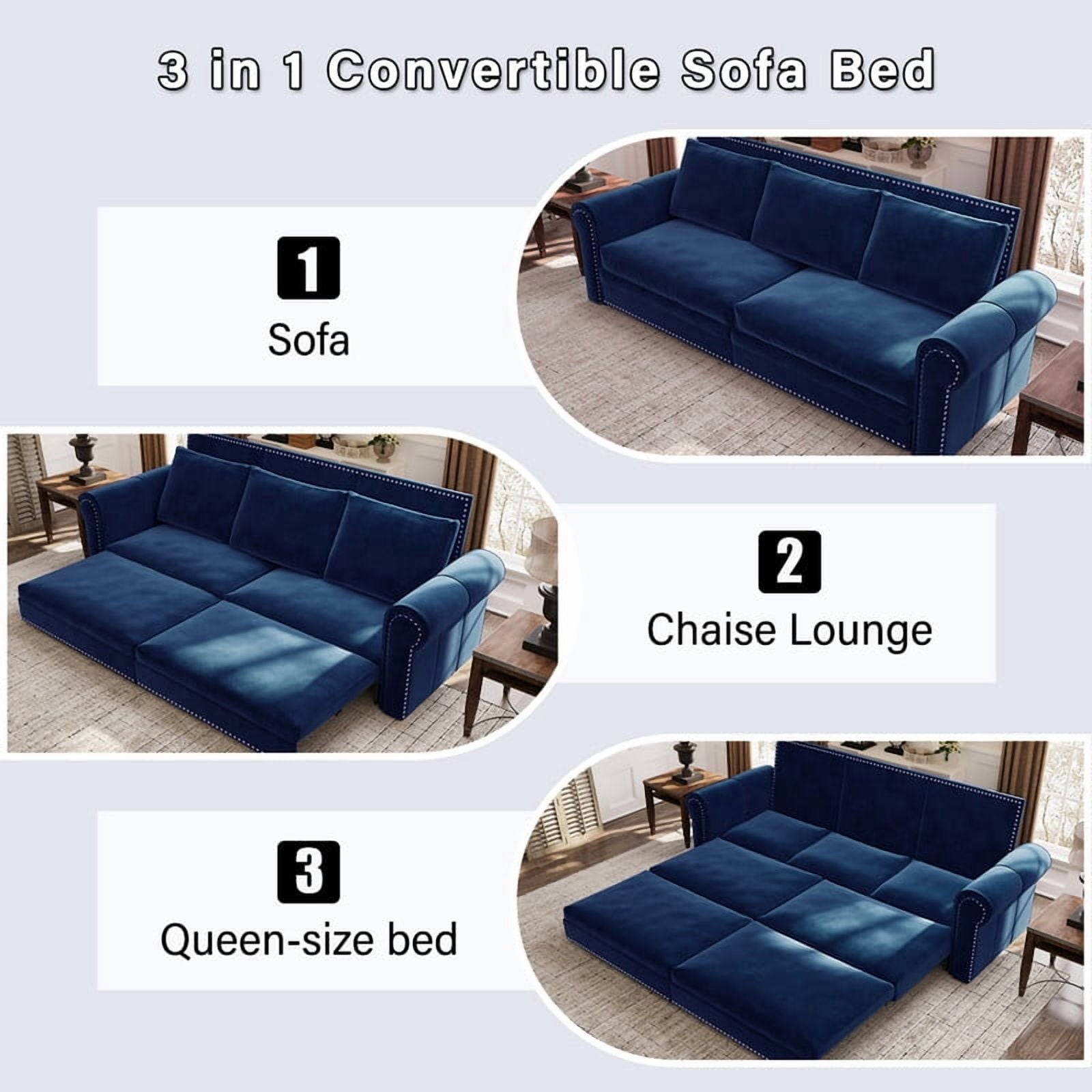3-in-1 Velvet Convertible Sleeper Bed, 93.7" Chesterfield Sofa, King Size Pull Out Sofa Bed with Nailhead Trim & Rolled Arms, , Multi-Functional Futon Bed for Living Room, Bedroom, Apartment