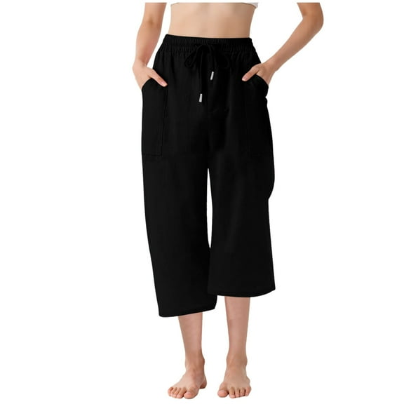 Tween Girls Trendy Clothes Summer Capri Pants for Girls High Waist Drawstring Elastic Cotton Linen Pants Straight Leg Cropped Trousers 12-14