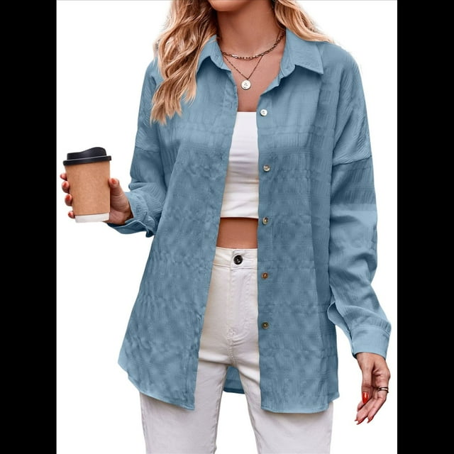 Blusa Informal de Seersucker para Mujer, Holgada, de Larga y con Botones. Azul L