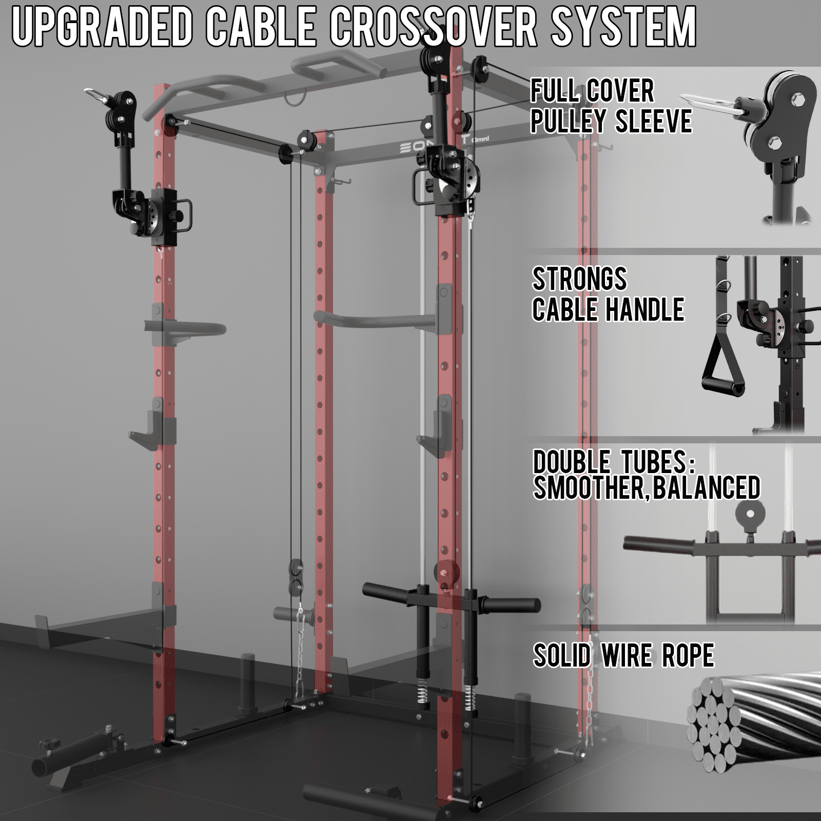 Eonfit E2 Power Cage with 3D Rotation Arms - Multi-Functional Power Rack for Home Gym. 1500lb Squat Rack for Home Gym. Pulley System for Cable Crossover & LAT Pulldown (E2 RED PRO)