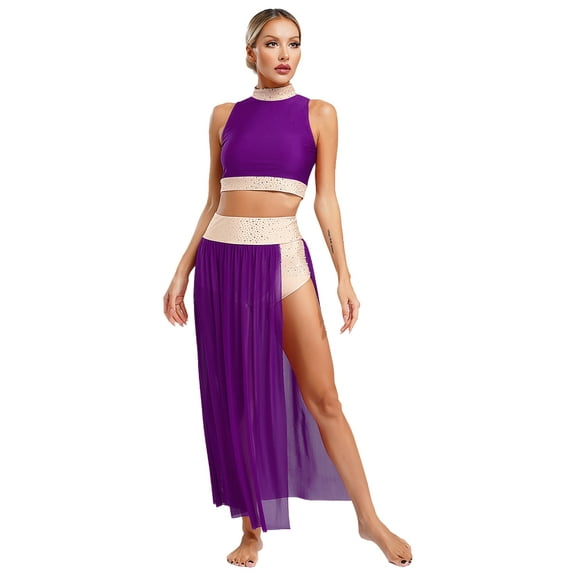 iiniim Womens Lyrical Dance Costume Sleeveless Crop Top with Side Split Skirt Ballet Dancewear Purple M