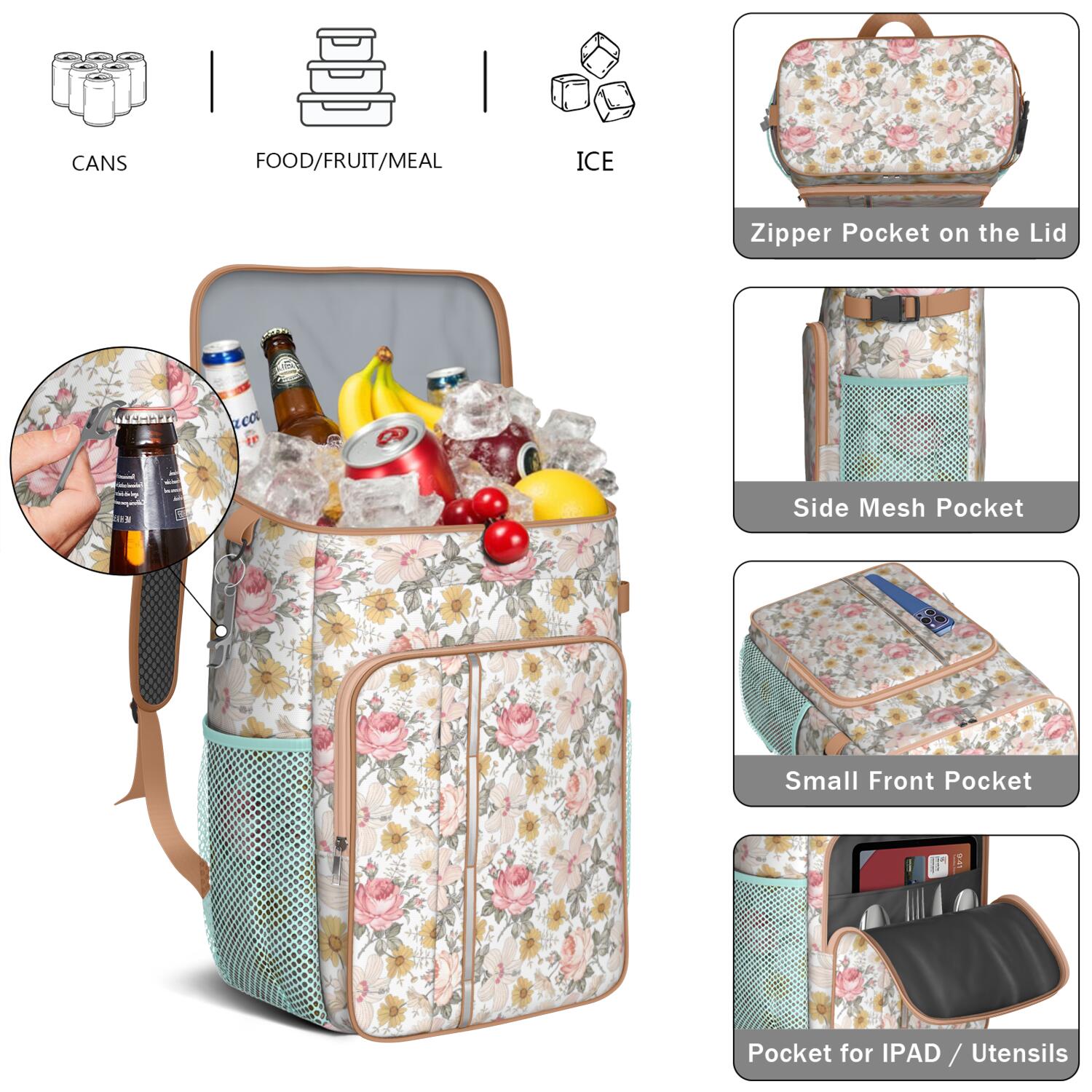 Travel Cooler Bag - Pioneer Flower Floral Print Pattern Camping Beer Cooler Backpack with Bottle Opener- Waterproof Insulated Picnic Backpacks - Cooler Bag for Beach