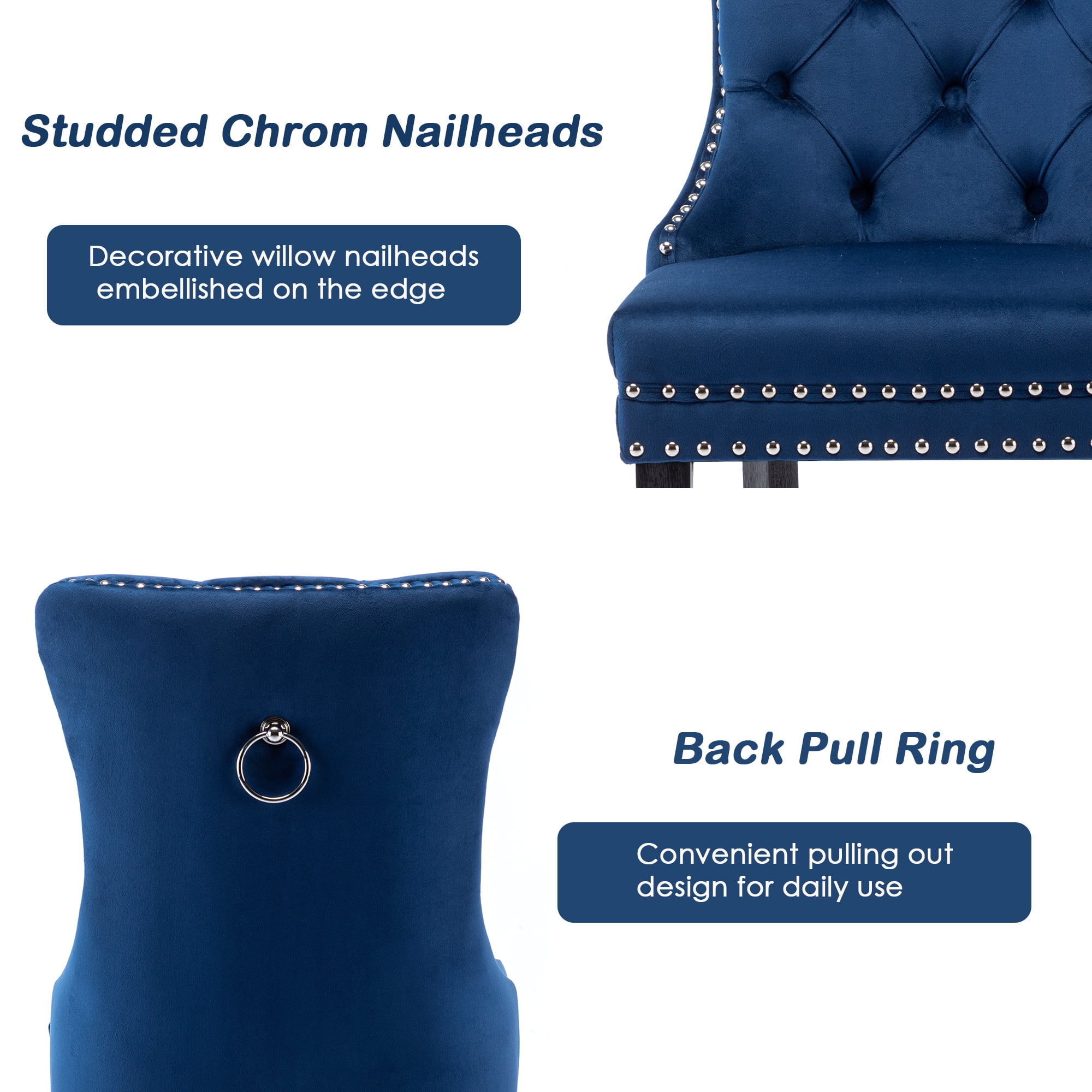 Velvet Dining Chairs Set of 4, Upholstered High-end Tufted Dining Room Chair with Nailhead Back Ring Pull Trim Solid Wood Legs, Contemporary Nikki Collection Modern Style for Kitchen, Blue