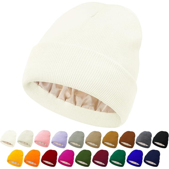 Unisex Satin & Silk Lined Slouchy Warm Winter Hat - Knit Satin Lined Beanie for Women & Men