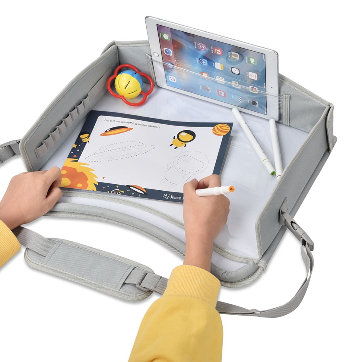 LONGRV Kids Car Seat Travel Tray, Sturdy Activity Play and Snack Table with Dry Erase Top for Toddlers, No-Drop iPad/Tablet Holder Lap Desk with Organizer Mesh Pockets for Travel Accessories