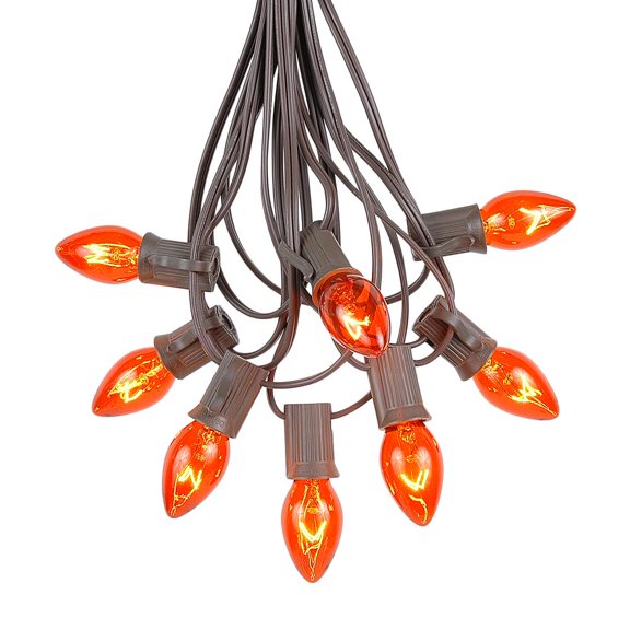 Novelty Lights 25 Feet C7 Amber/Orange Christmas String Light Set, Vintage Holiday Hanging Light Set, Brown Wire