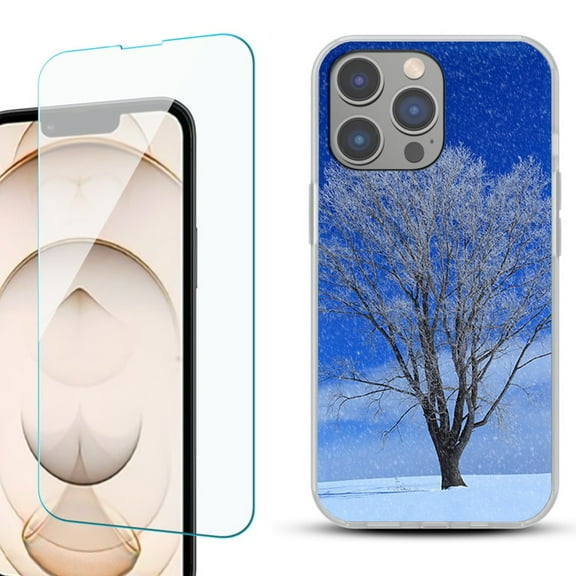 Slim-Fit Gel TPU Phone Case for iPhone 14 Pro, with Tempered Glass Screen Protector, by OneToughShield ® - Snowing Tree