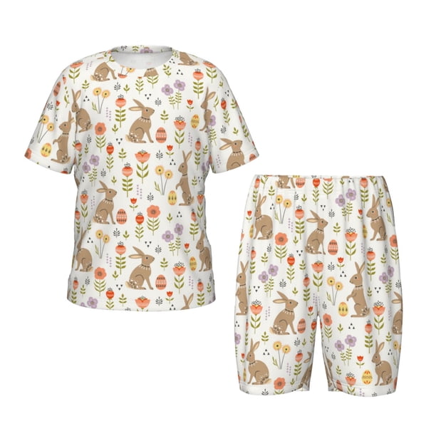 Fotbe Happy Easter Pijama Estampada de 2 Piezas para Niños – Ropa de Dormir de Manga Corta Cómoda para Niños y Niñas, Camiseta y Shorts de Algodón-Small