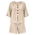 thumbnail image 4 of Cagogo Women's V Neck 3/4 Sleeve Blouse and Shorts Set Solid Casual Loose Fit 2 Piece Lounge Outfit Summer Lounge Matching Set, Khaki M, 4 of 4