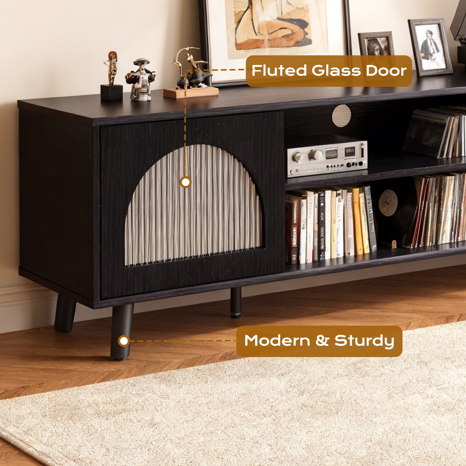 Ktaxon Modern LED TV Stand with 2 Fluted Arched Doors, 63" Entertainment Center Media Gaming Console for 55/60/65" TVs with RGB Lighting, Black