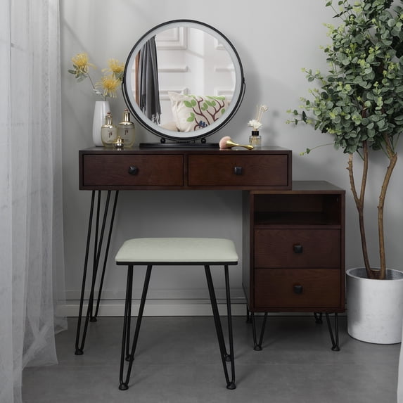 Brown Vanity Table for Teen Girls, 31.5'' x 15.75'' x 51.18'' Makeup Vanity Set with PU Cushioned Stool, 4-Drawer, Rotation Removable Top with Large Led Round Mirror for Teen Girls Bedroom, SS414