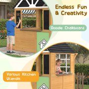 BUPPLEE Kids Outdoor Wooden Playhouse, Cottage Style, Door Window Fence Bench Blackboard