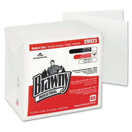 Brawny Industrial Medium Duty DRC Wipers, Quarterfold, 12 1/2 x 13, White, 65/PK