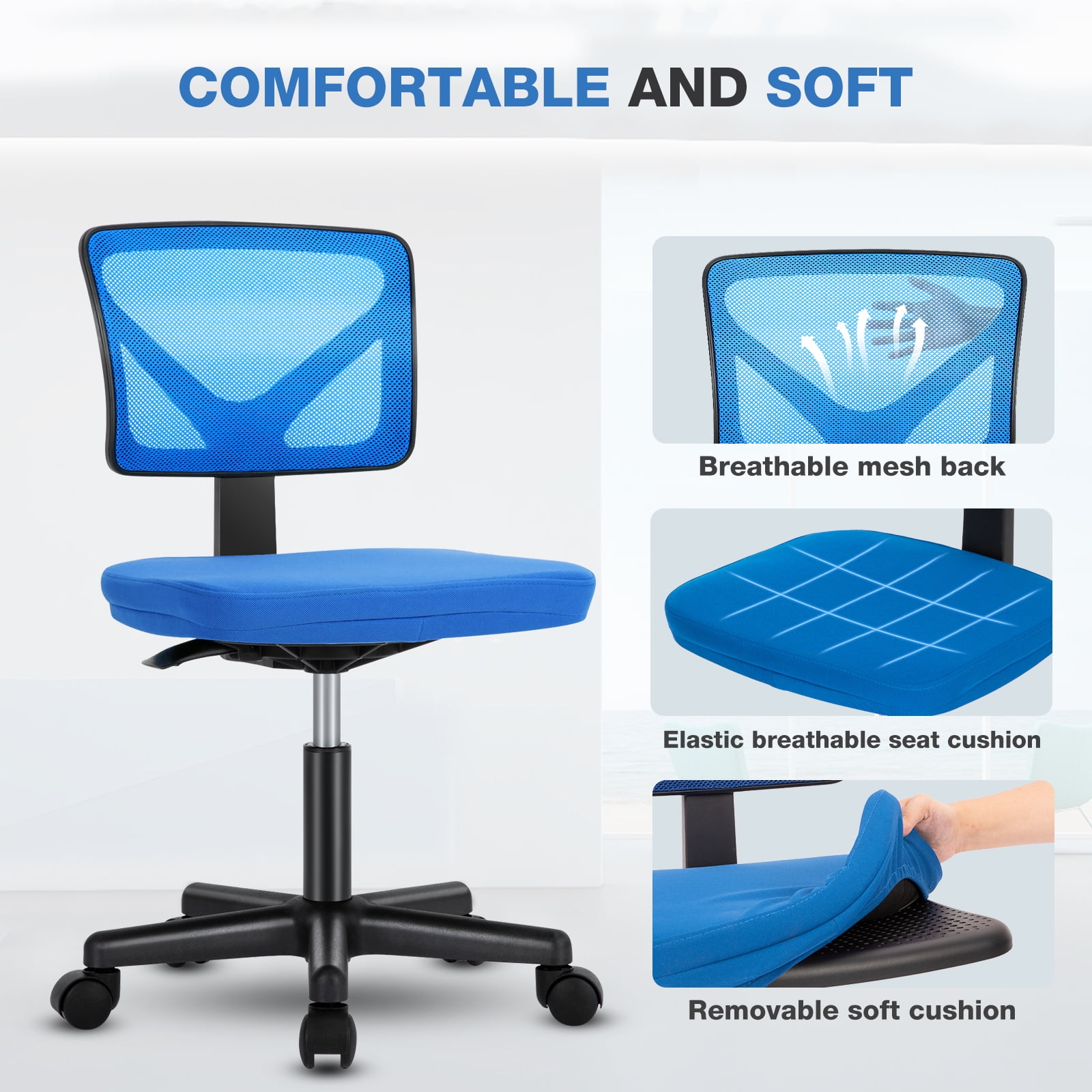 GIANNA Swivel Computer Office Mesh Desk Chair Armless Small Desk Chair Adjustable Black Computer Task Chair No Armrest Mid Back Home Office Chair for Small Spaces