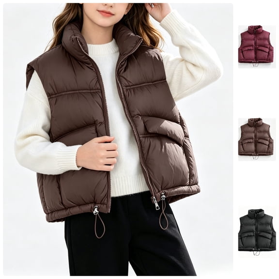 BCSIOAOI Girls Vest,Kids Puffer Vest Stand Collar Zipper Warm Lightweight Outerwear Brown 5-6 Years