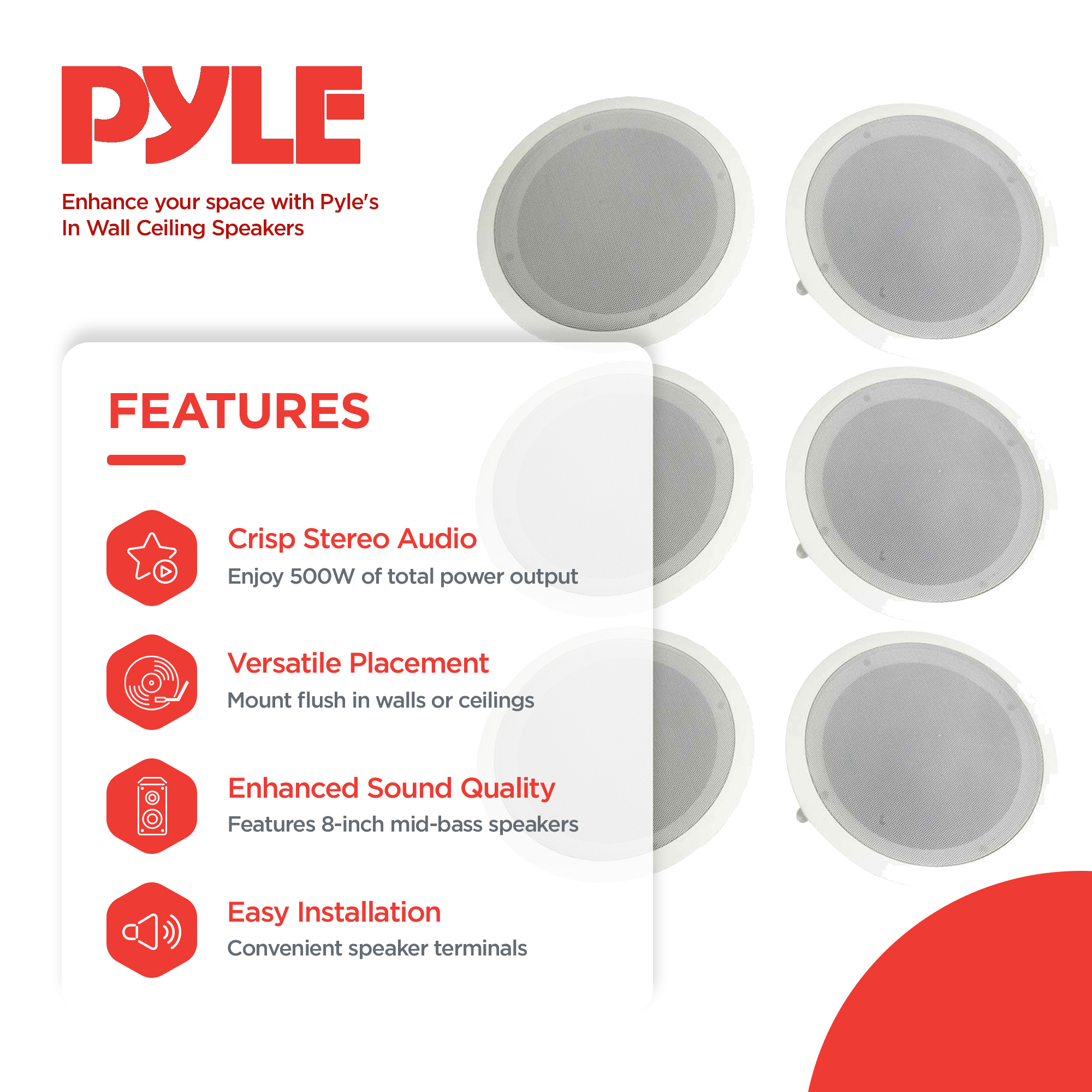 Pyle 8 Inch 2 Way In Wall Ceiling Home Speakers System Audio Stereo, 6 Speakers - image 2 of 11