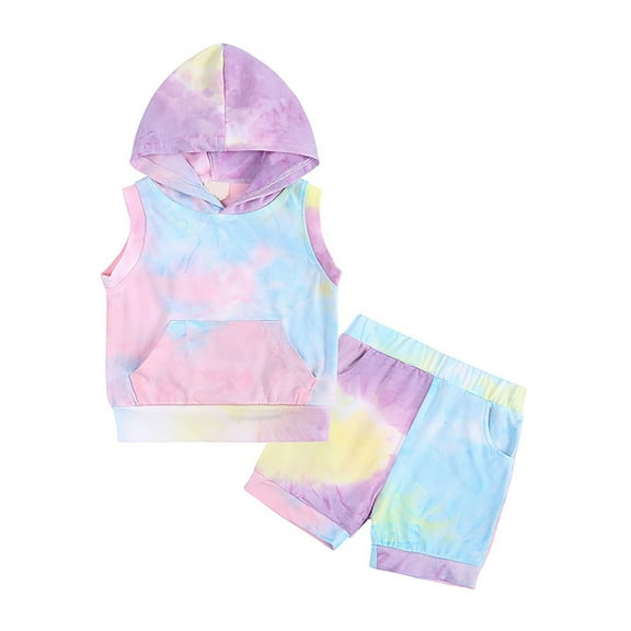 Baby Girl Clothes Toddler Girls Summer Sports Outfits 2pcs Tie Dye Print Sleeveless Hooded Tank Tops and Shorts Cotton Clothing Sets 3-6 Months