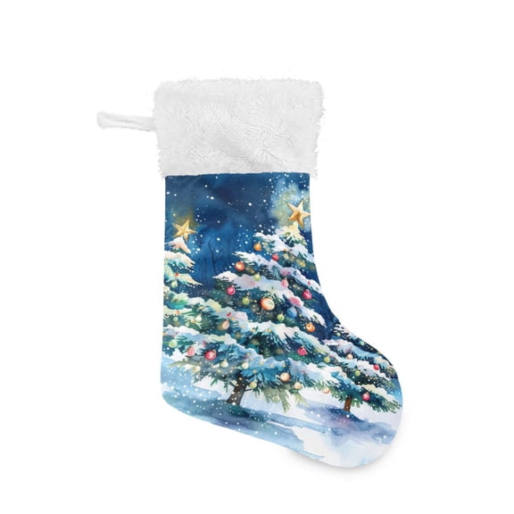 Christmas Stocking with Hanging Loop for Family Holiday Ornament Snowy Night with Christmas Trees Pattern