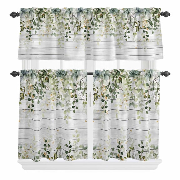 3 Piece Kitchen Curtains and Valances Set Green Cafe Curtains 36 Inch Length Eucalyptus Leaves Valance & Tier Curtain for Living Room Bedroom Small Window 54"x18" 27"x36"*2