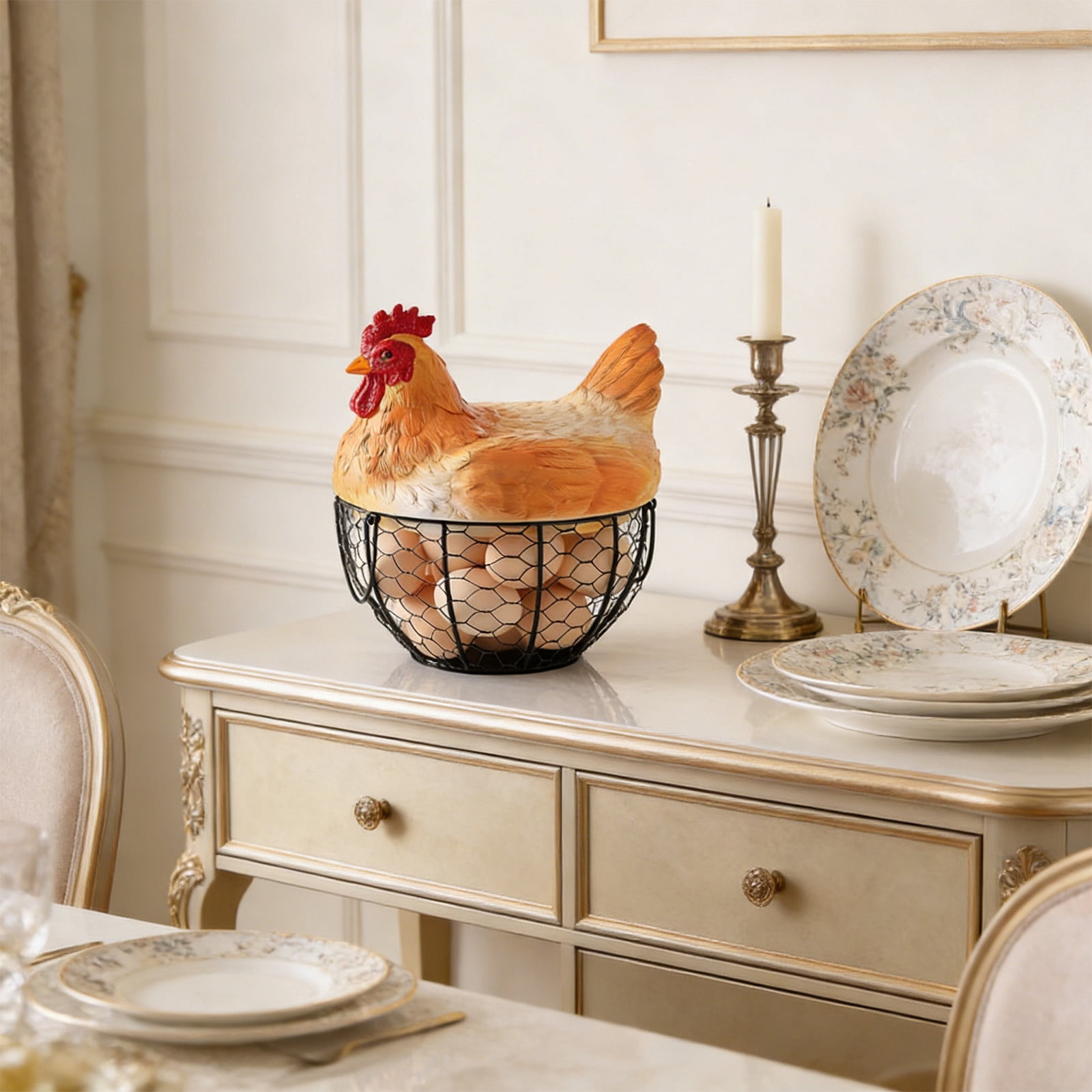 Chicken Egg Basket, Resin Egg Collection Baskes with Ceramic Lid for Gathering Fresh Eggs, Chicken Egg Holder, Decorative Farmhouse Cute Eggs Storage Container for Kitchen, Countertop(Brown)
